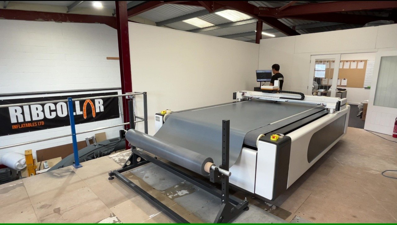 CNC cutting Orca Hypalon fabric for RIB tube manufacture at Ribcollar Yeovil