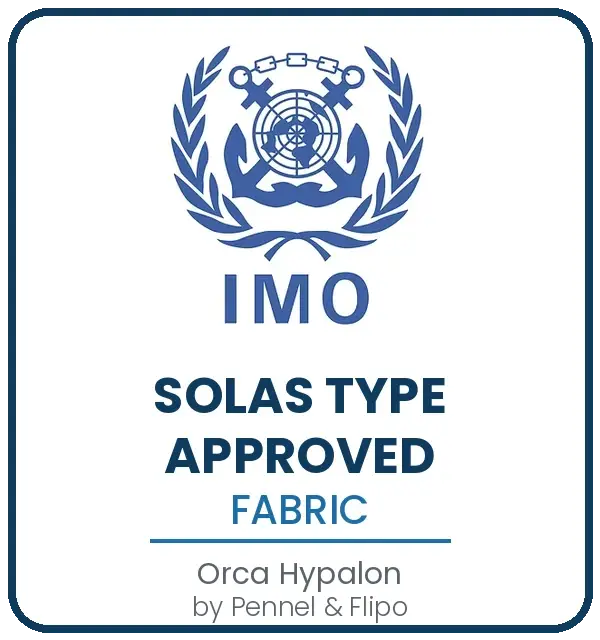 Alt text: IMO SOLAS type approved Orca Hypalon fabric by Pennel and Flipo, used on Ribcollar RIB tubes