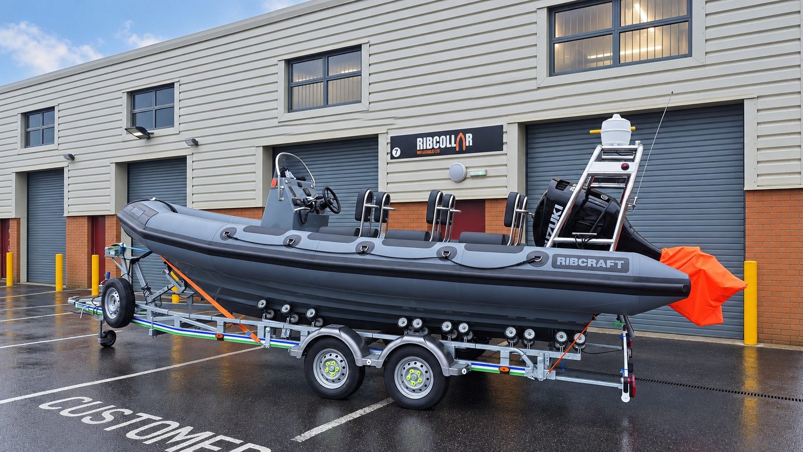 Ribcraft RIB with Orca Hypalon tubes outside the Ribcollar Inflatables workshop in Yeovil
